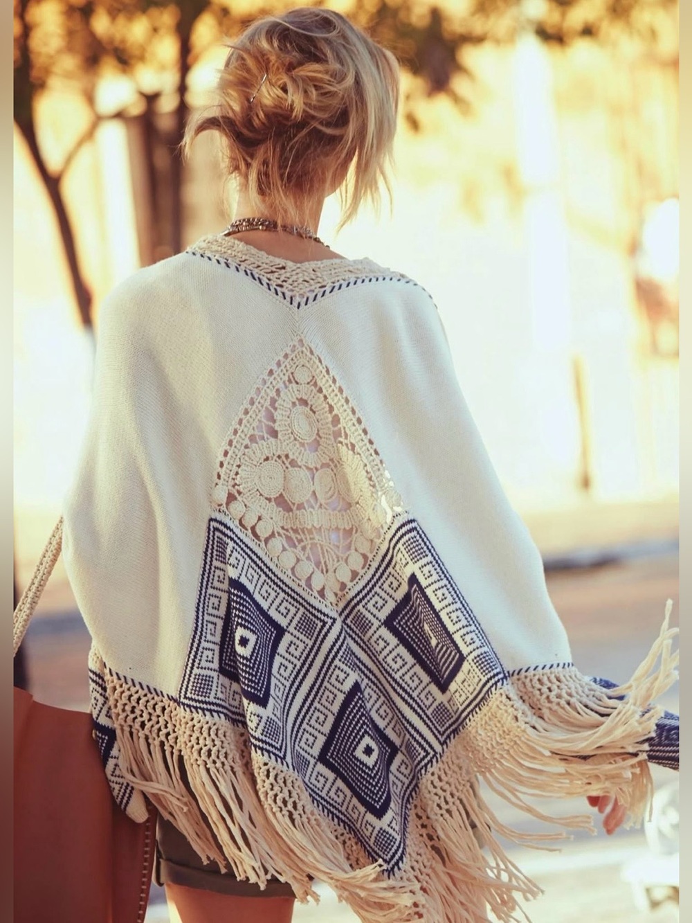 Anthropologie Angel Of The North Bohemian Crochet Fringe Poncho Navy Cream OS